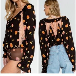 Free People Poppy Printed Bodysuit Black Size Medium